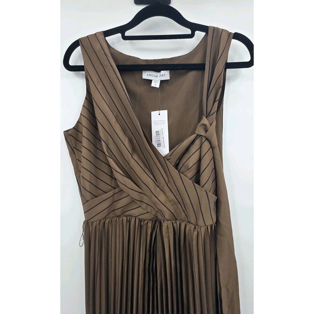 AMOUR VERT CAMBRIA DRESS WOMENS SMALL BRONZE OLIVE PINSTRIPE PLEATED MIDI NEW!! - Picture 4 of 15